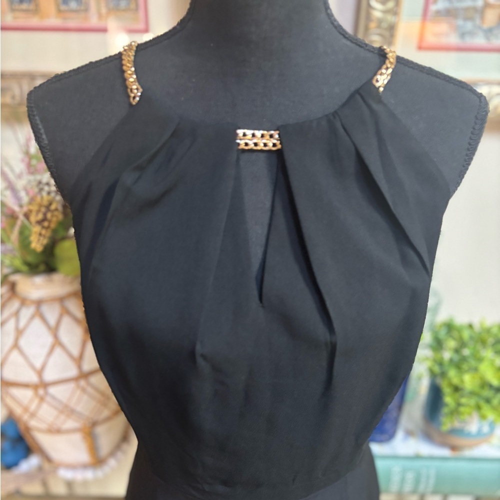 ASHLEY GRAHAM BLACK SLEEVELESS FORMAL GOLD CHAIN HALTER STYLE MIDI DRESS SZ 14 - Picture 1 of 10
